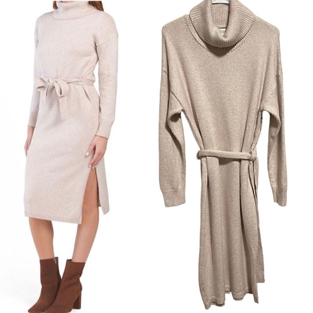 NWT- Rachel Zoe- Women’s Midi Knit Sweater Dress Beige Cream Side Slit, Size L